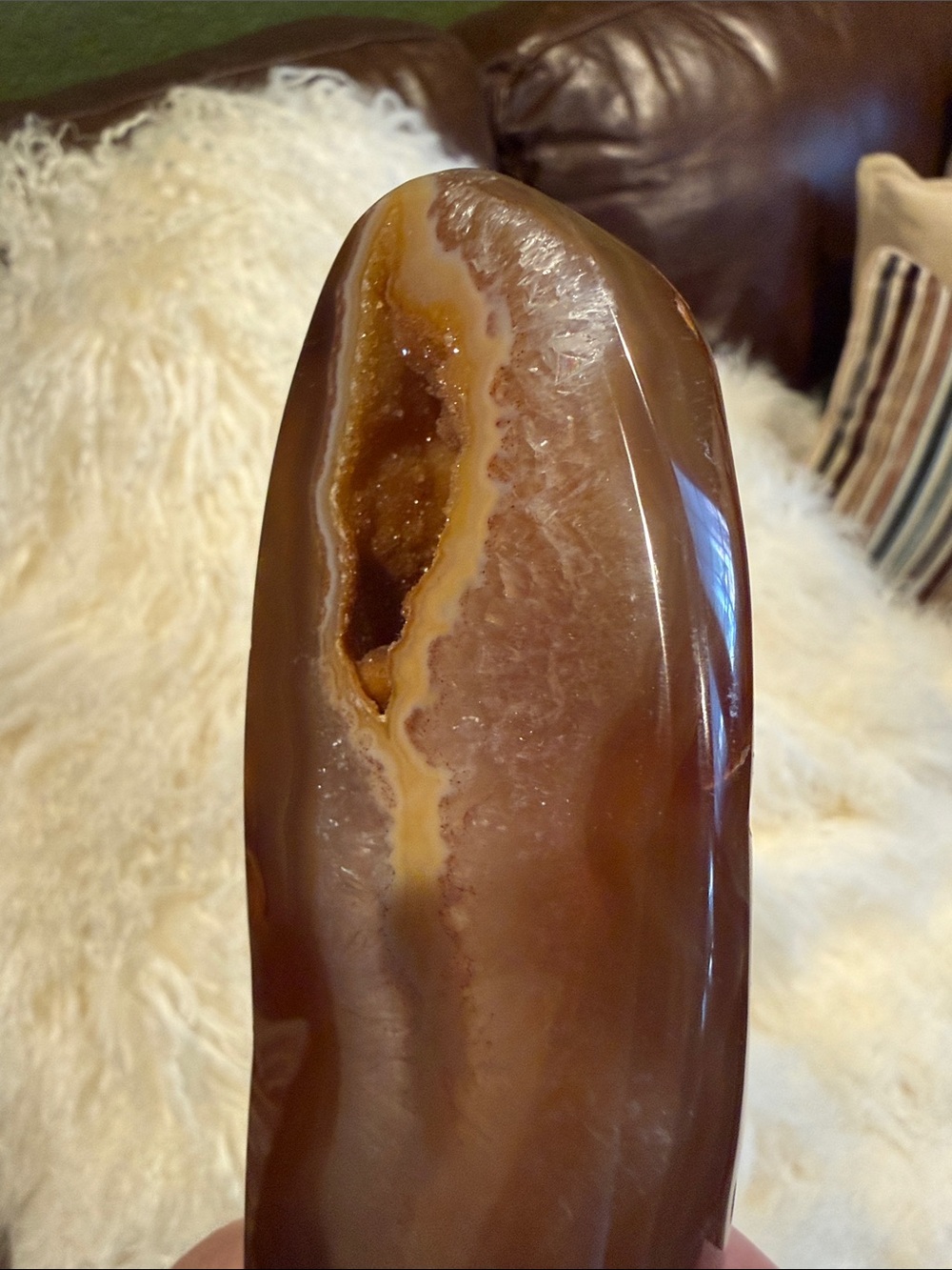 Artisan Brown and Cream Agate Sculpture w/ Druzy on Stand - Picture 9 of 10